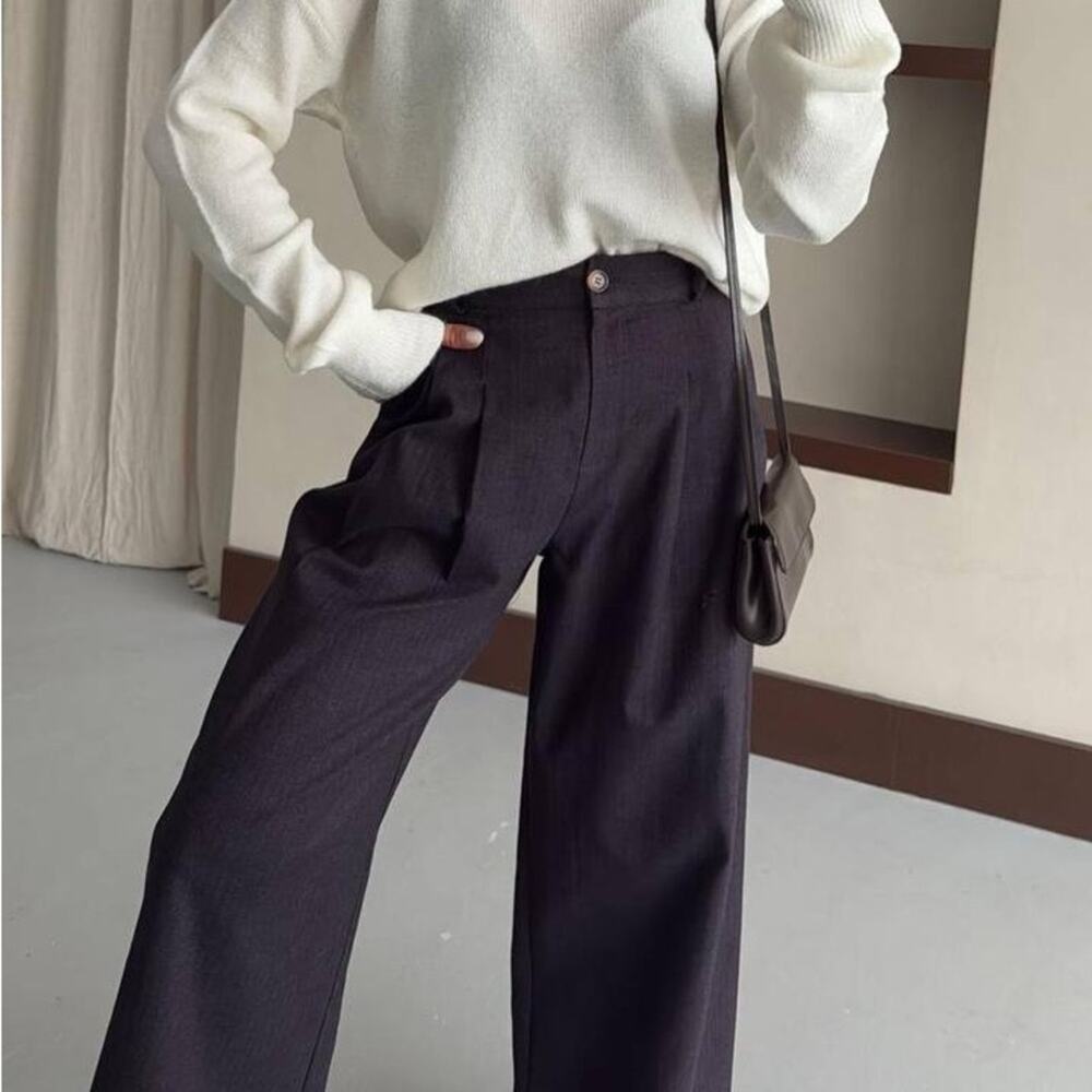 Women’s Wide Leg Pleated Pants Dark Gray Navy High Waist Trousers Large - Picture 2 of 10